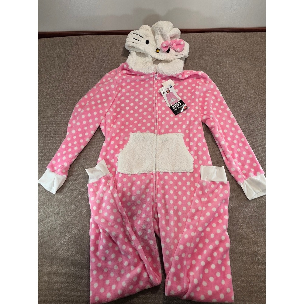 Hello Kitty Sanrio Pink Polka Dot Fleece Union Suit Pajamas Hooded L/XL NWT